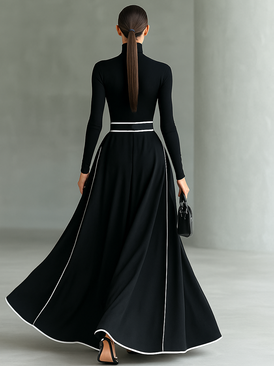 Vestido Maxi Negro Costura Blanco