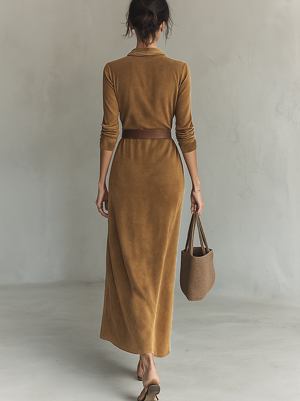 Vestido Maxi Ante Solapa Cinturón