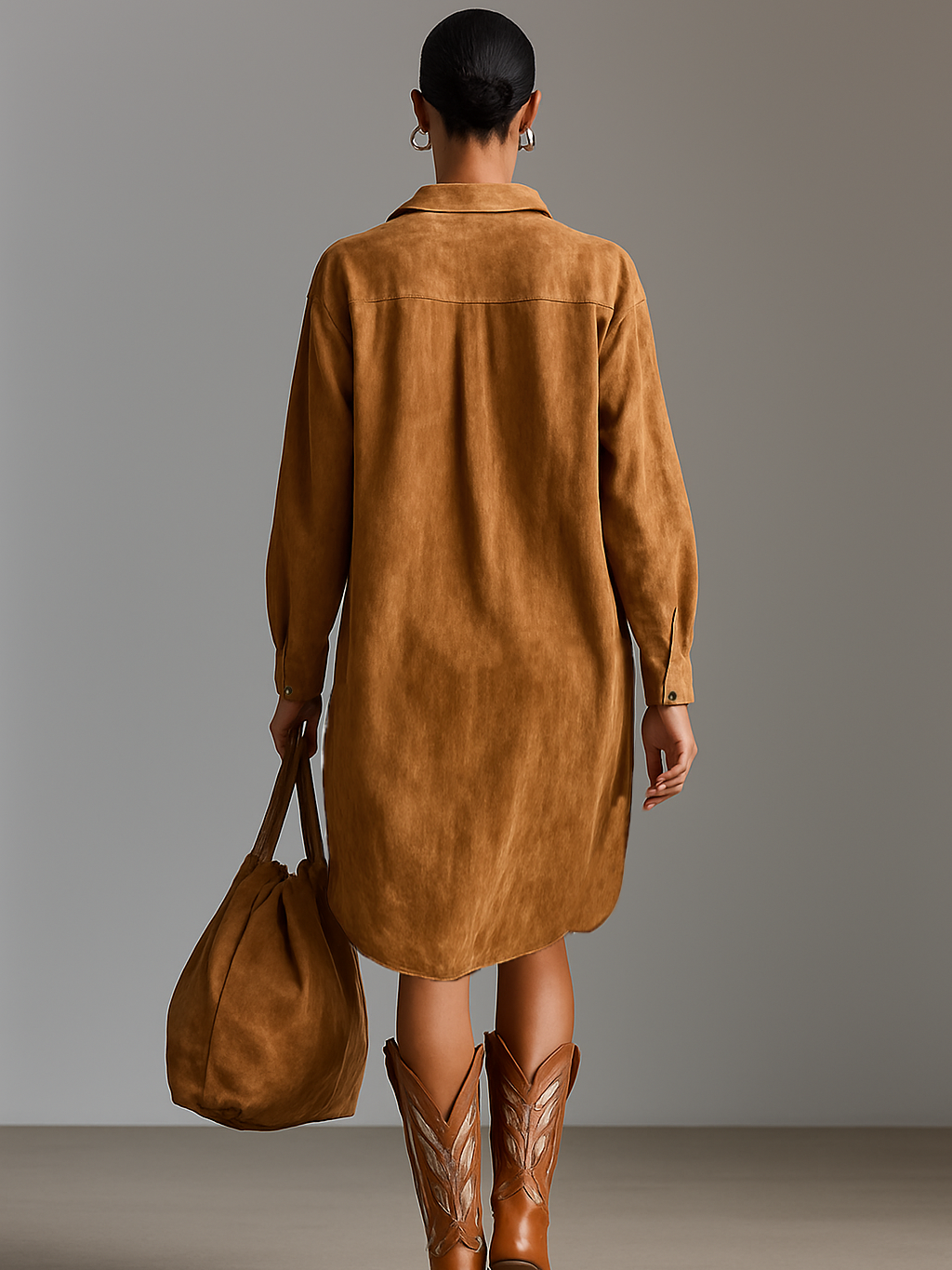 Vestido Midi Ante Solapa Bordado