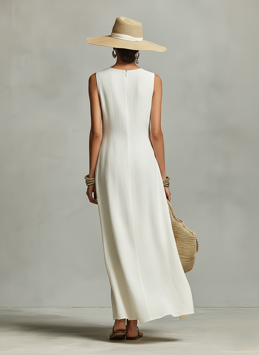 Vestido Marfil Lino Detalles Asimétrico