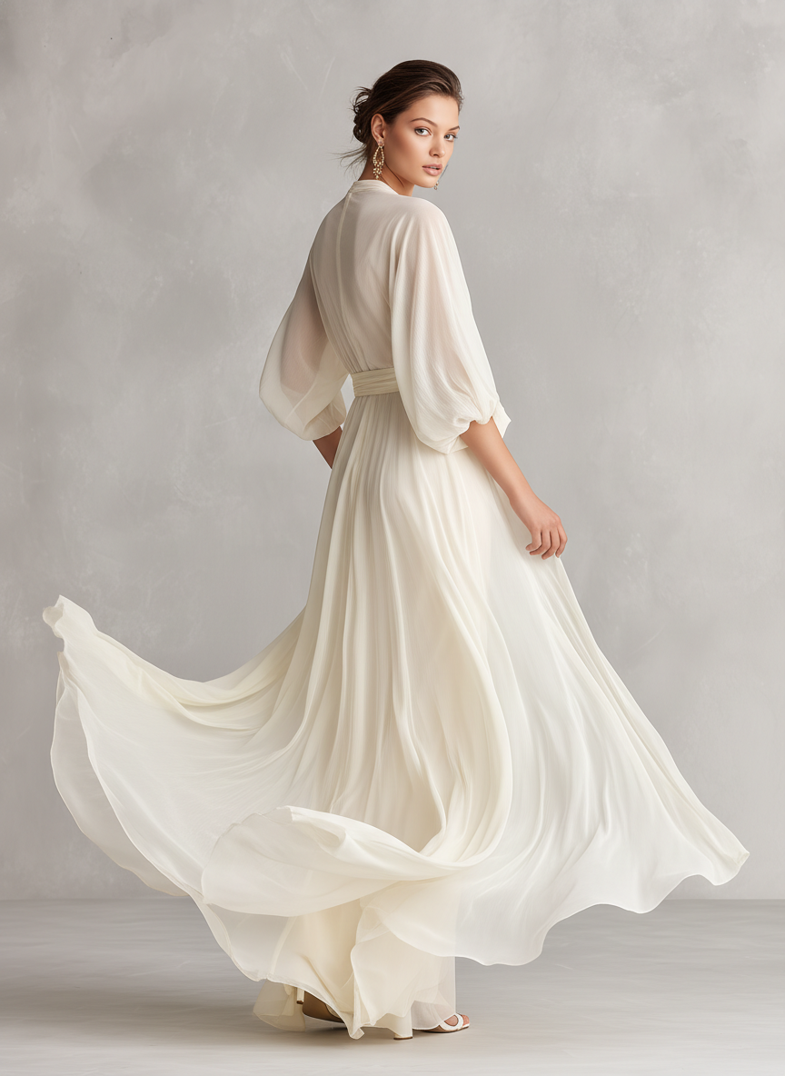 Vestido Marfil Transparente Puff Cruzado