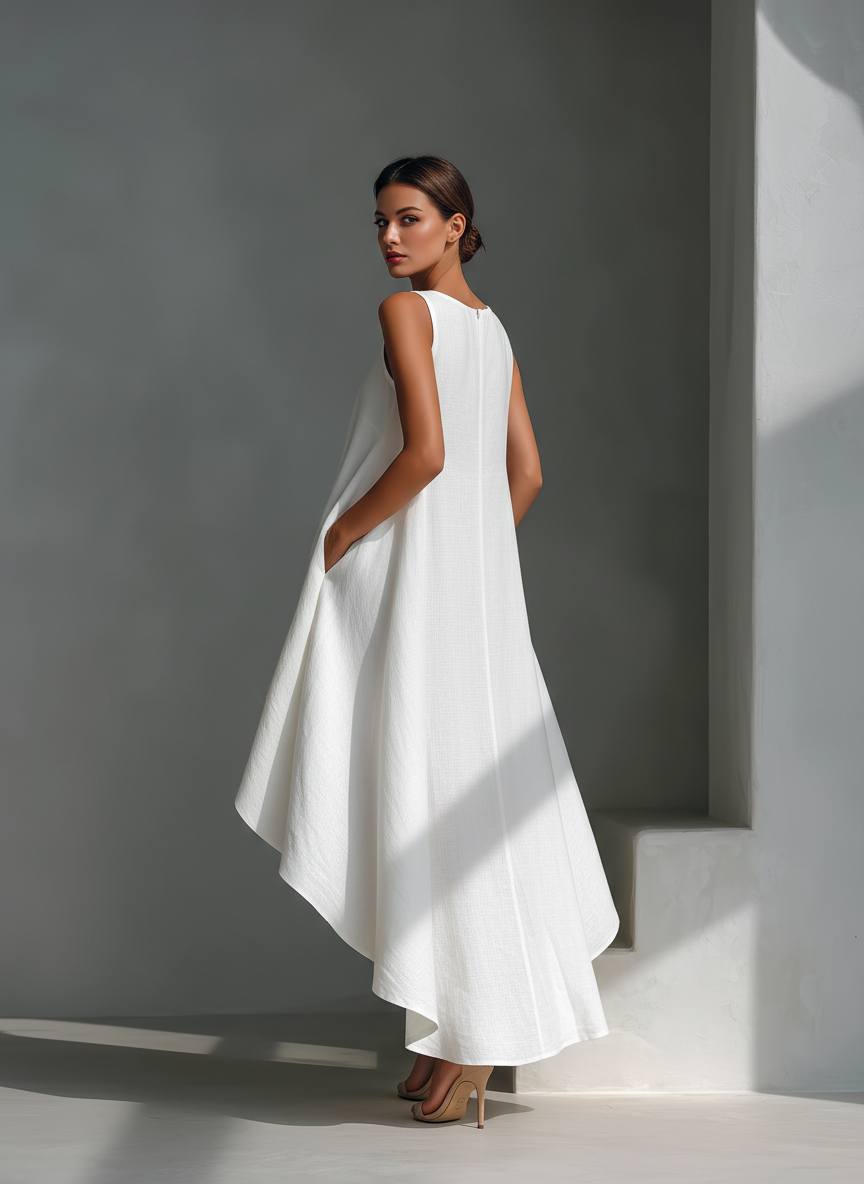 Vestido Midi Blanco Lino Redondo