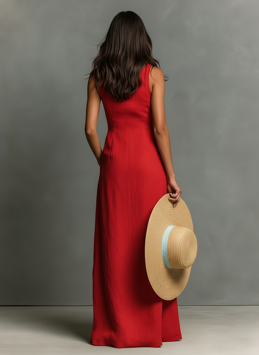 Vestido Camisero Maxi Minimalista Lino-Mezcla