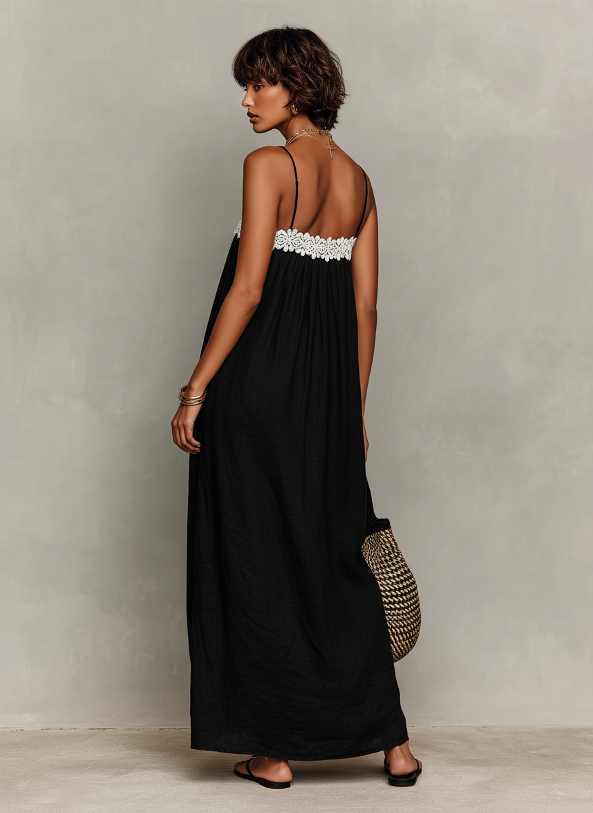 Vestido Maxi Minimalista Lino-Mezcla Encaje-Paneled