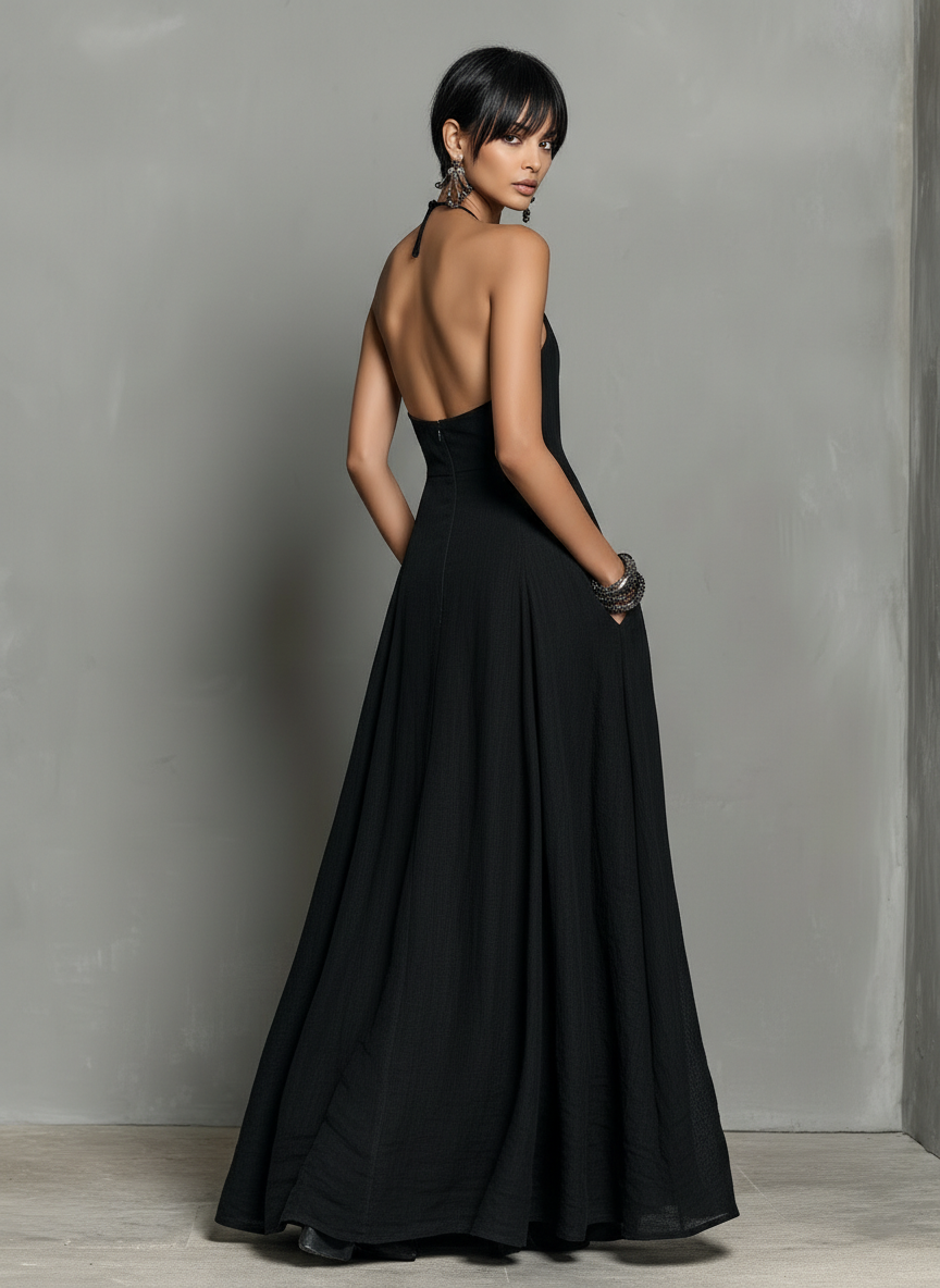 Vestido Maxi Minimalista Lino Halter