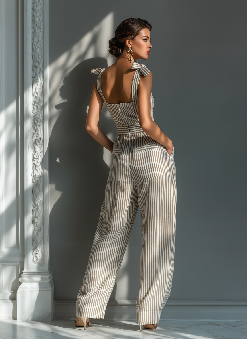 Mono Beige Blanco Rayas Lino-Mezcla