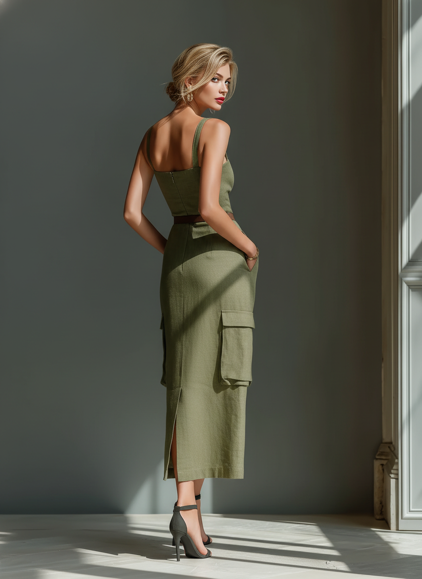 Vestido Midi Oliva Verde Lino