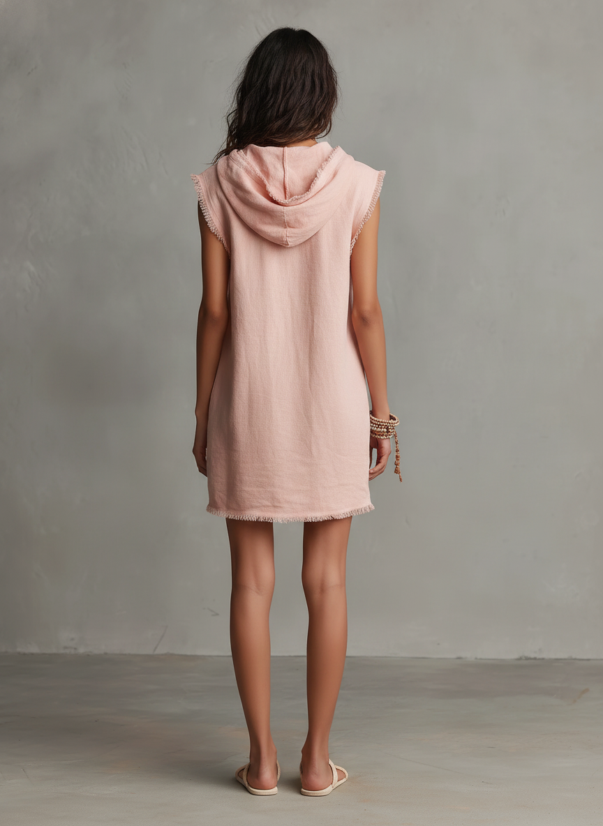 Vestido Mini Minimalista Lino-Mezcla Capucha