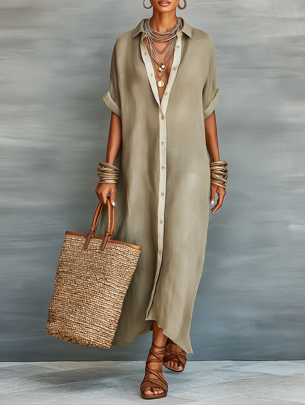 Vestido Maxi Minimalista Lino Camisa