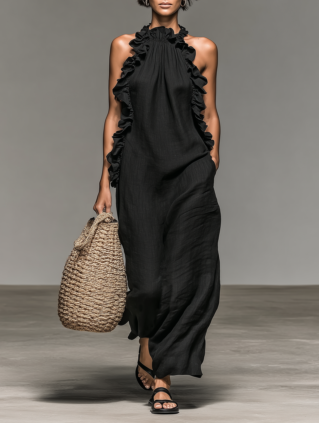 Vestido Maxi Minimalista Lino-Mezcla Volantes