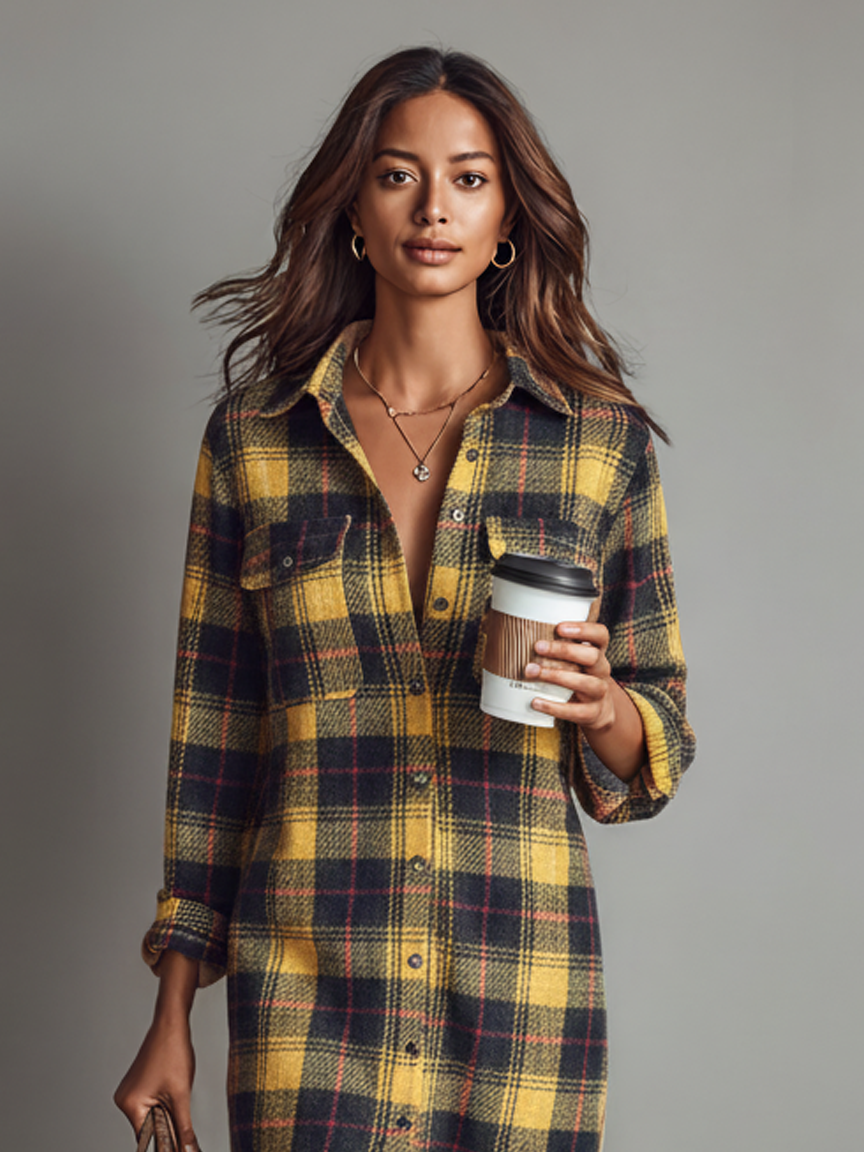 Vestido Midi Franela Cuadros Camisa