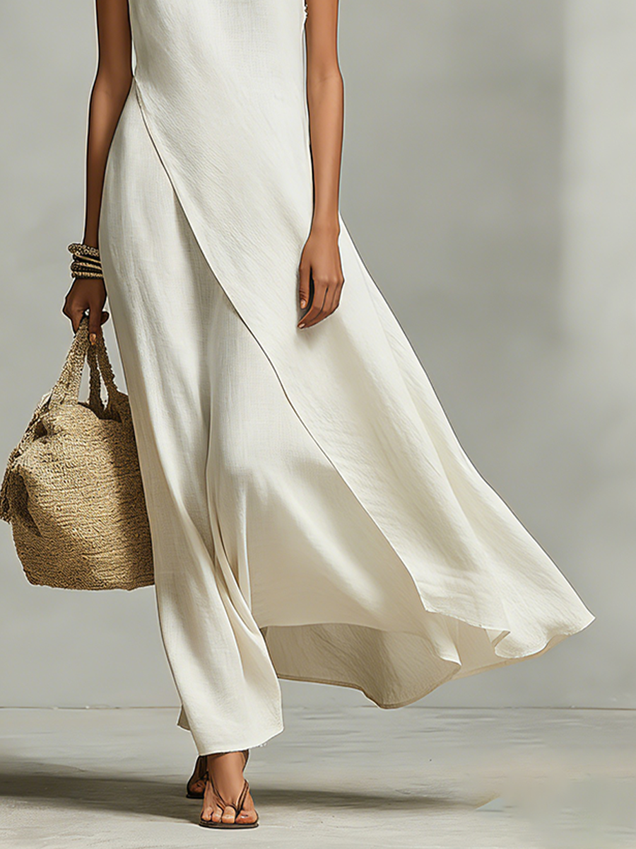 Vestido Marfil Lino Detalles Asimétrico