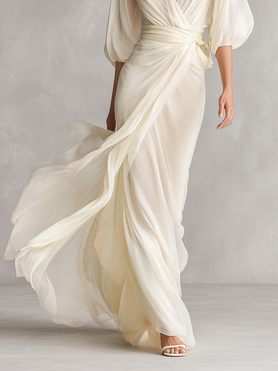 Vestido Marfil Transparente Puff Cruzado