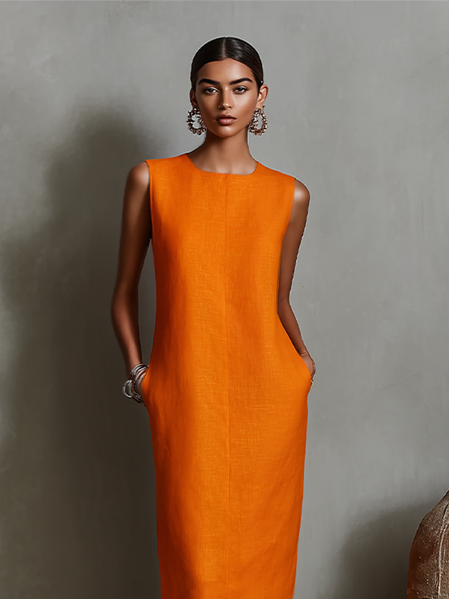 Vestido Naranja Lino Recto Redondo
