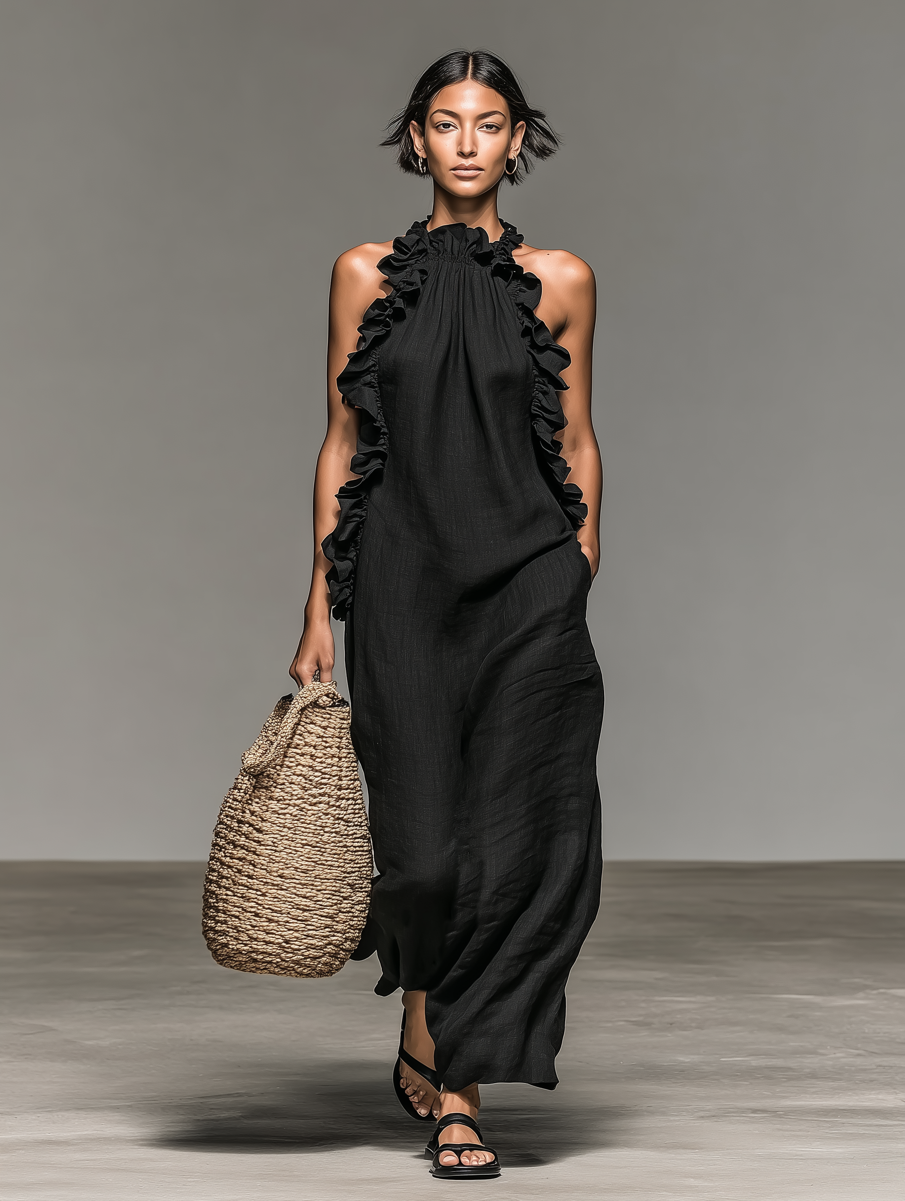 Vestido Maxi Minimalista Lino-Mezcla Volantes