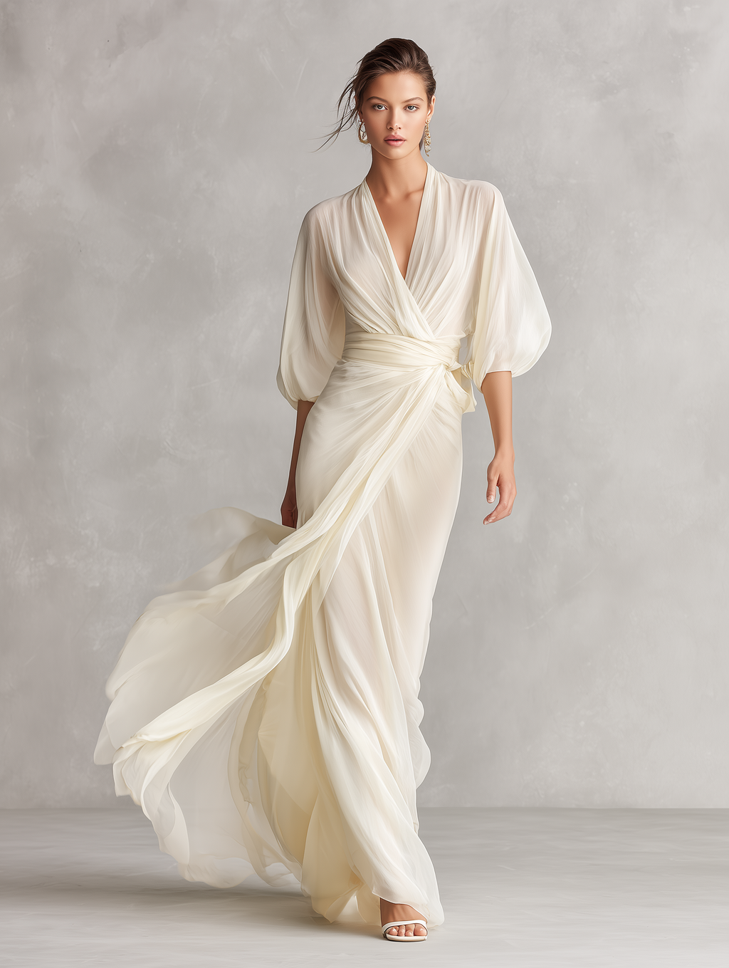 Vestido Marfil Transparente Puff Cruzado
