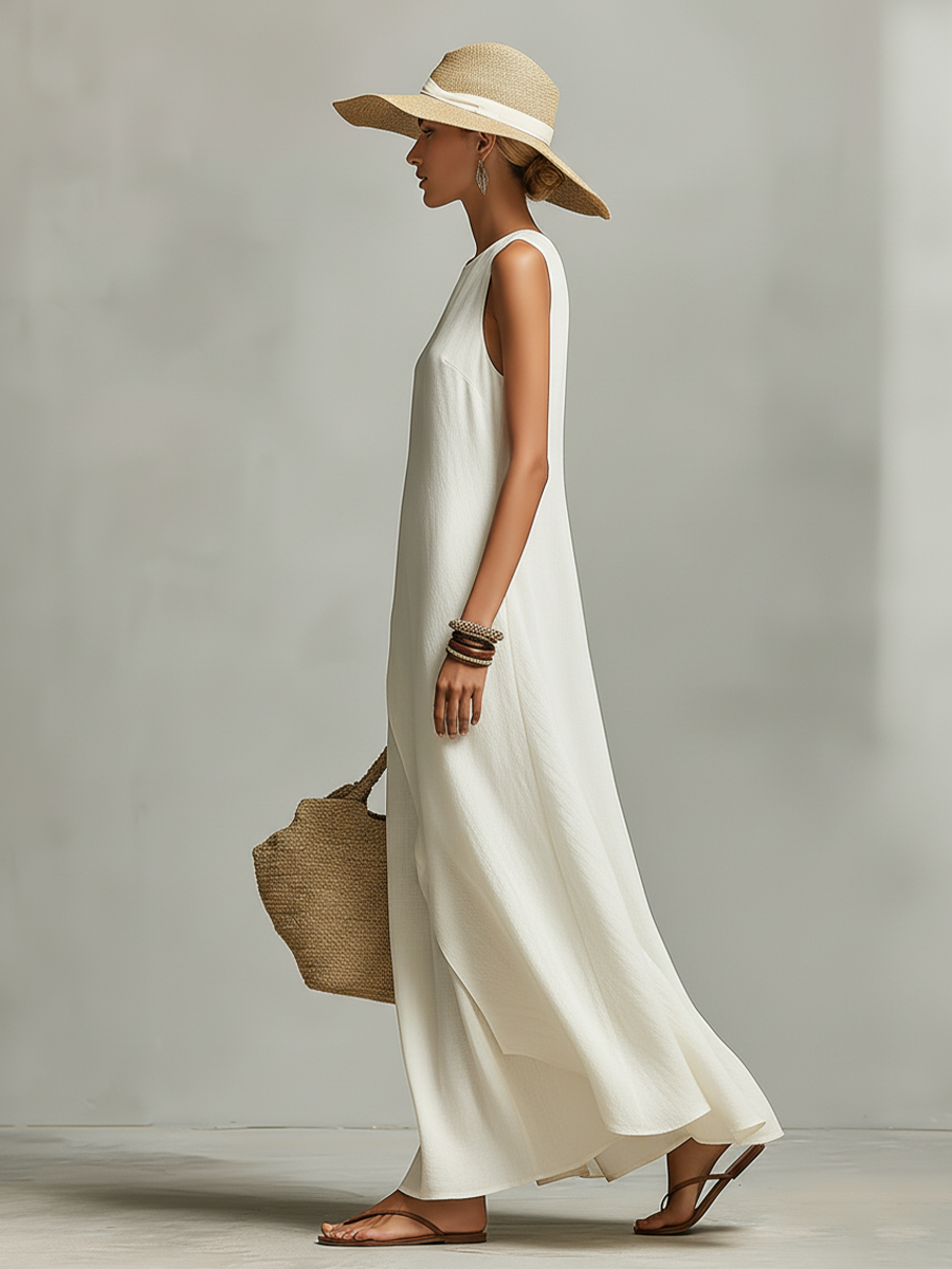 Vestido Marfil Lino Detalles Asimétrico