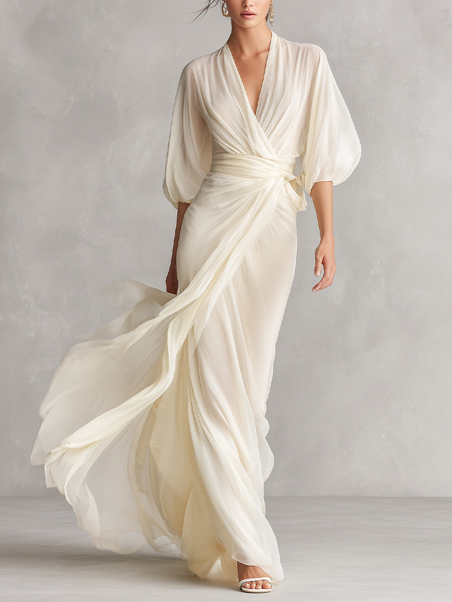 Vestido Marfil Transparente Puff Cruzado