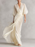 Vestido Marfil Transparente Puff Cruzado