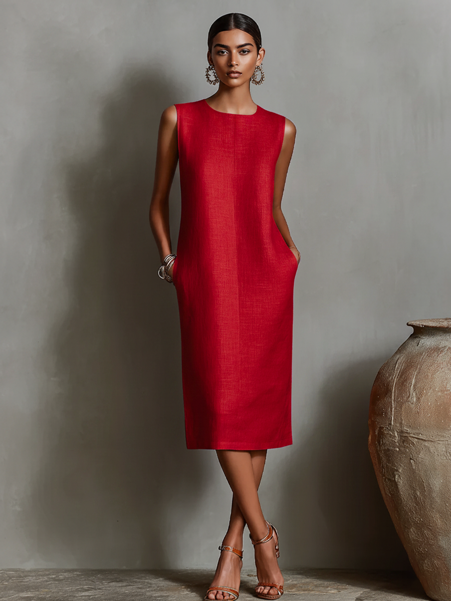 Vestido Naranja Lino Recto Redondo