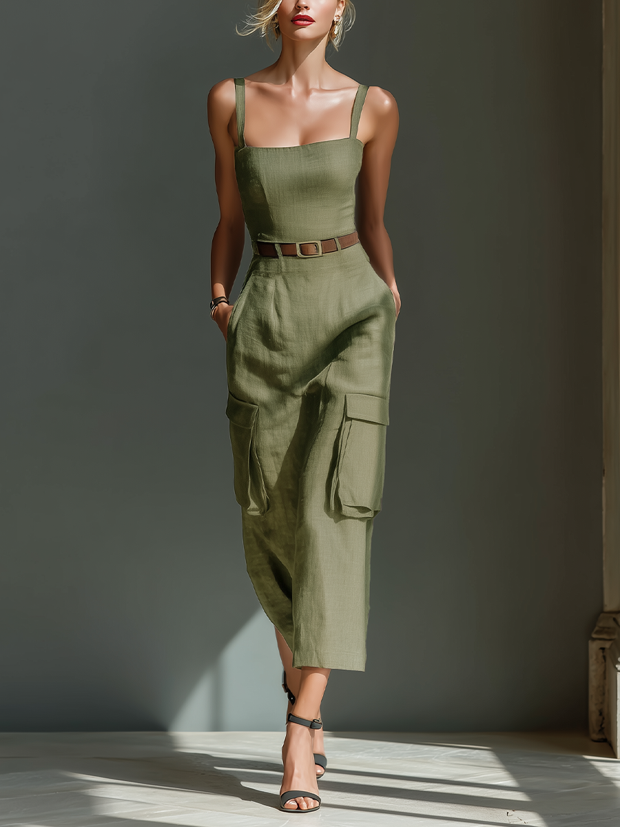 Vestido Midi Oliva Verde Lino
