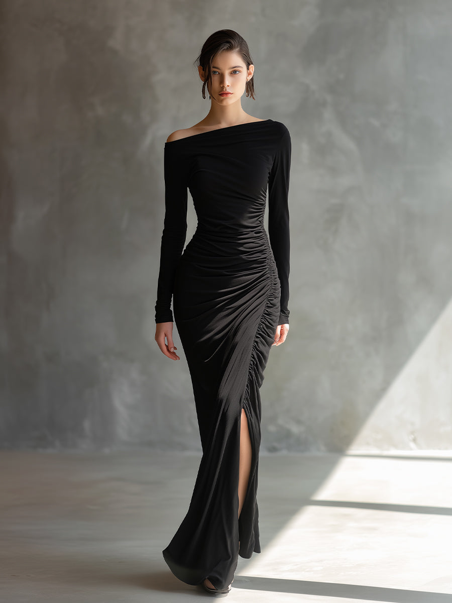 Vestido Maxi Negro Elegante Fruncido
