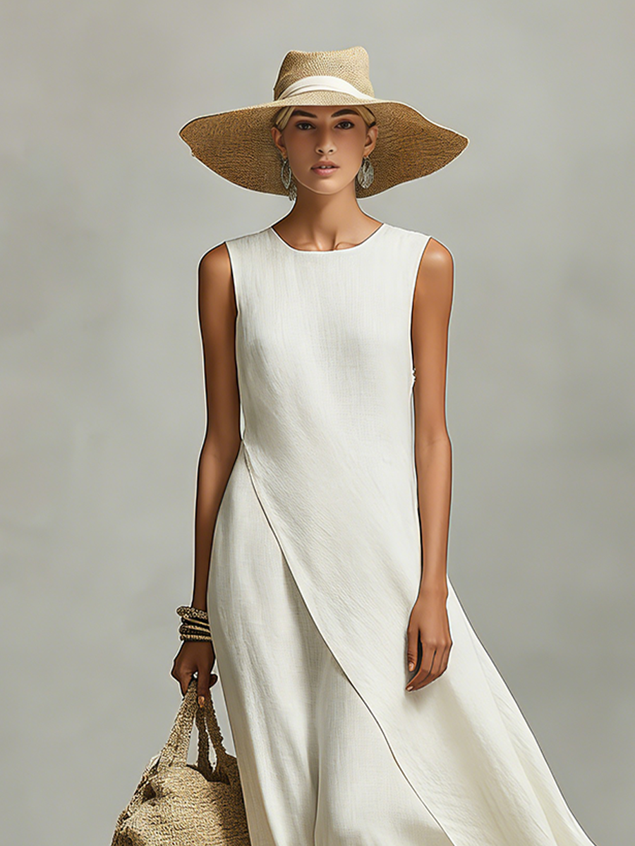 Vestido Marfil Lino Detalles Asimétrico