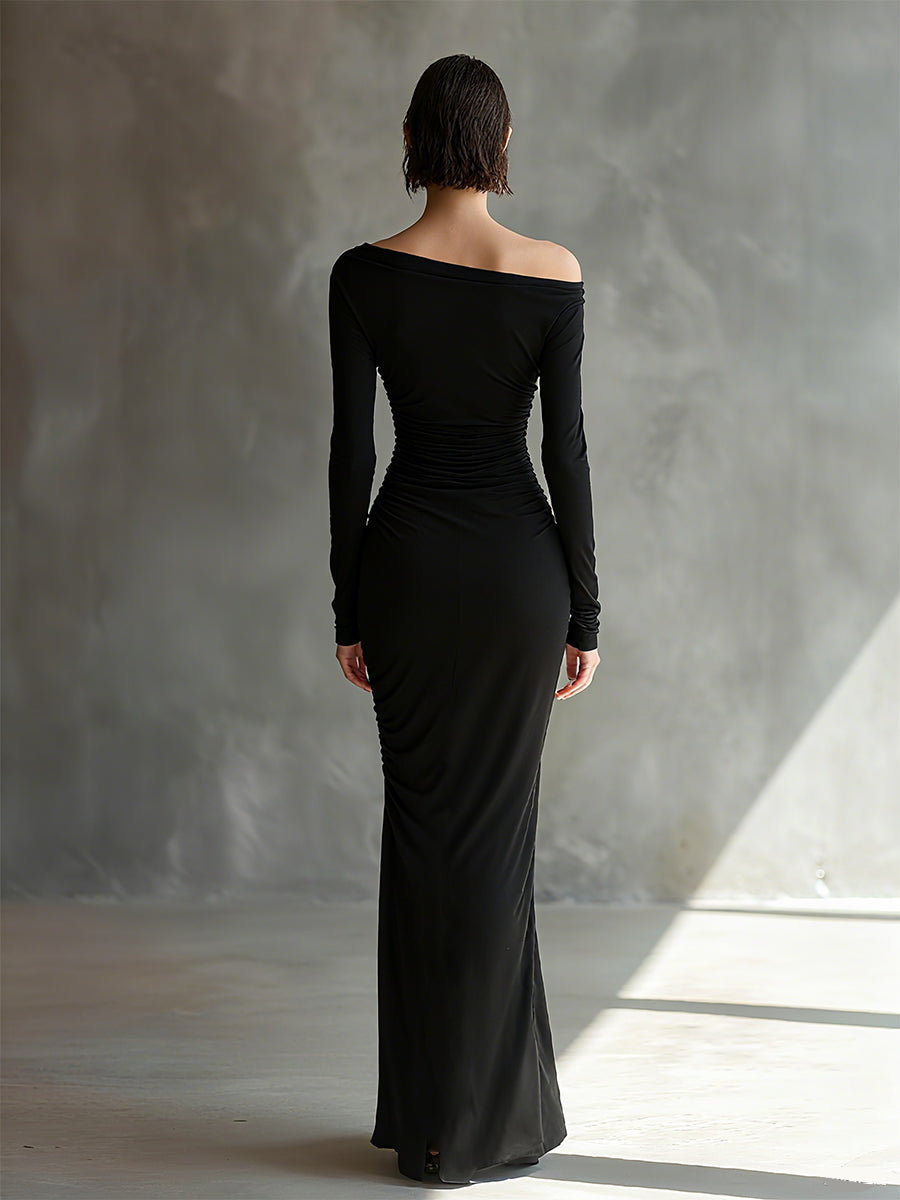 Vestido Maxi Negro Elegante Fruncido