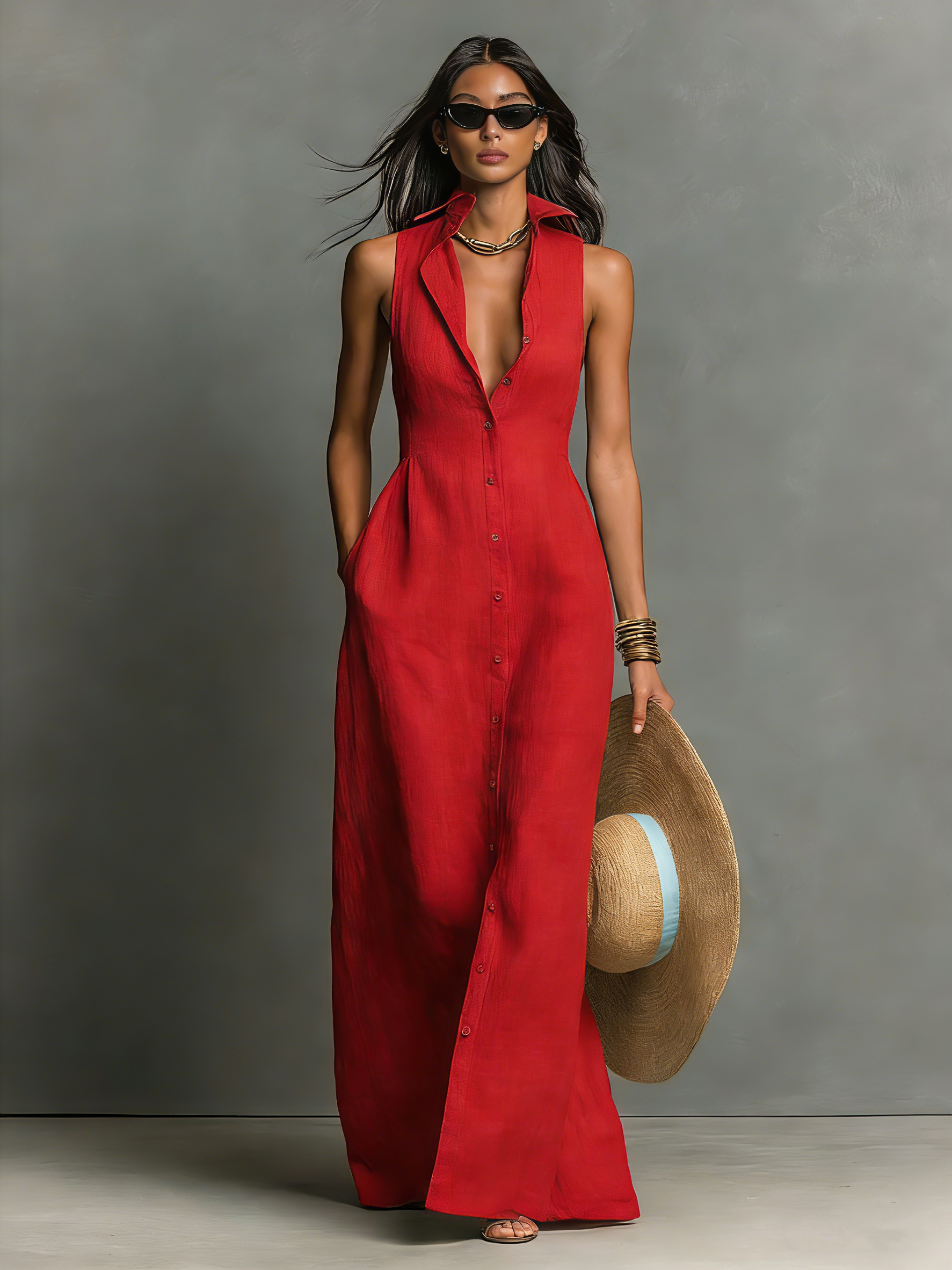 Vestido Camisero Maxi Minimalista Lino-Mezcla