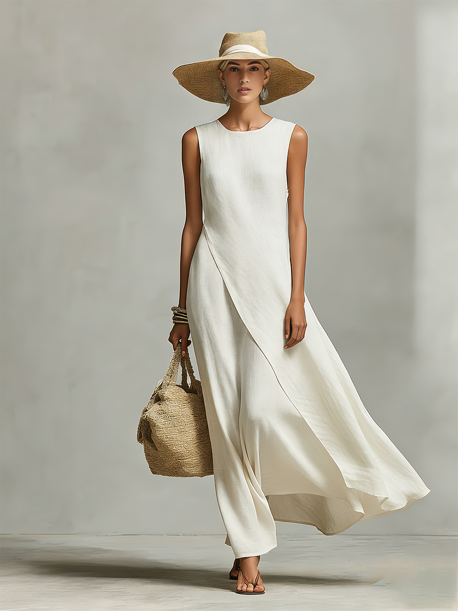 Vestido Marfil Lino Detalles Asimétrico