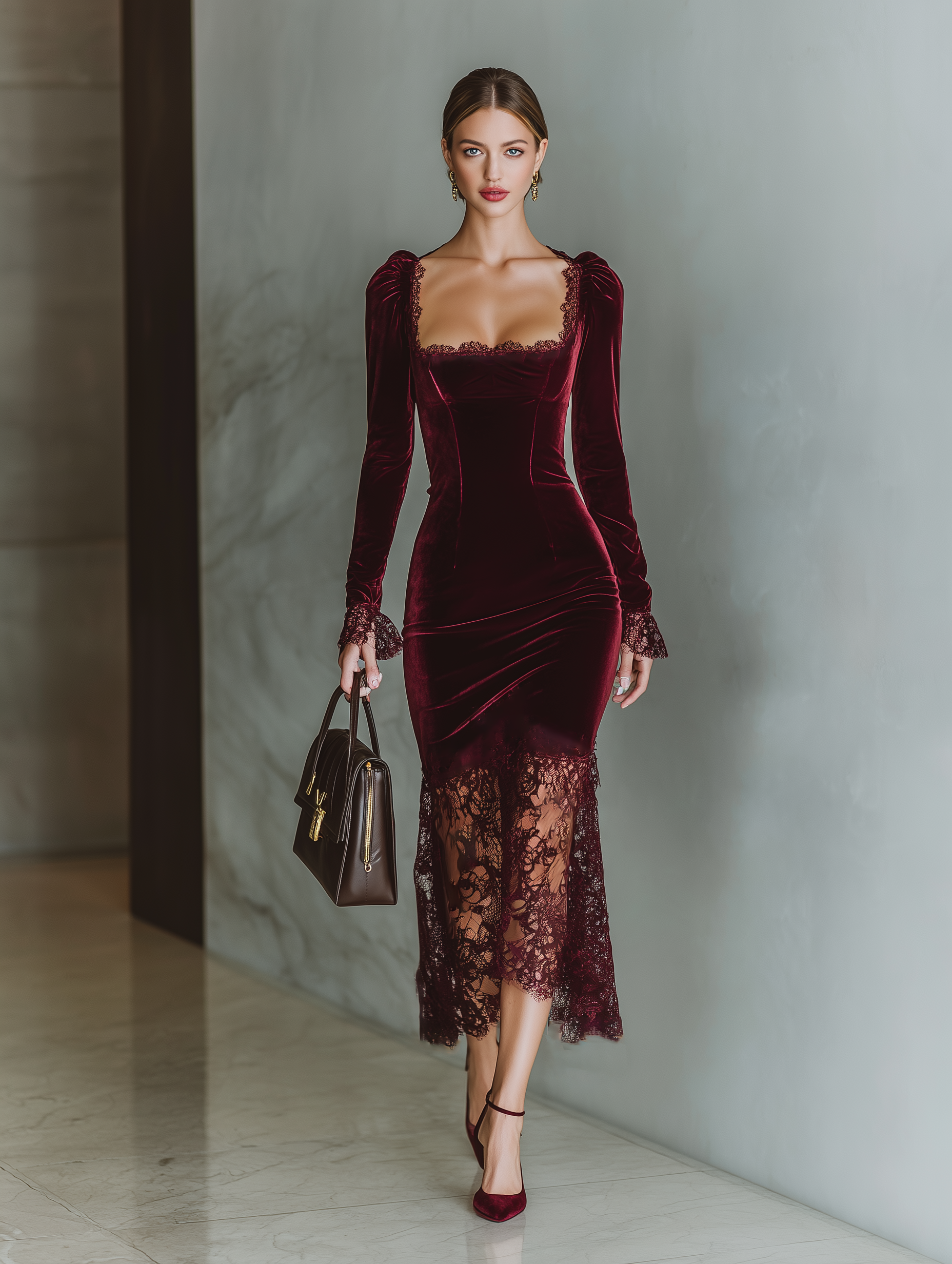 Vestido Maxi Burdeos Terciopelo Ajustado