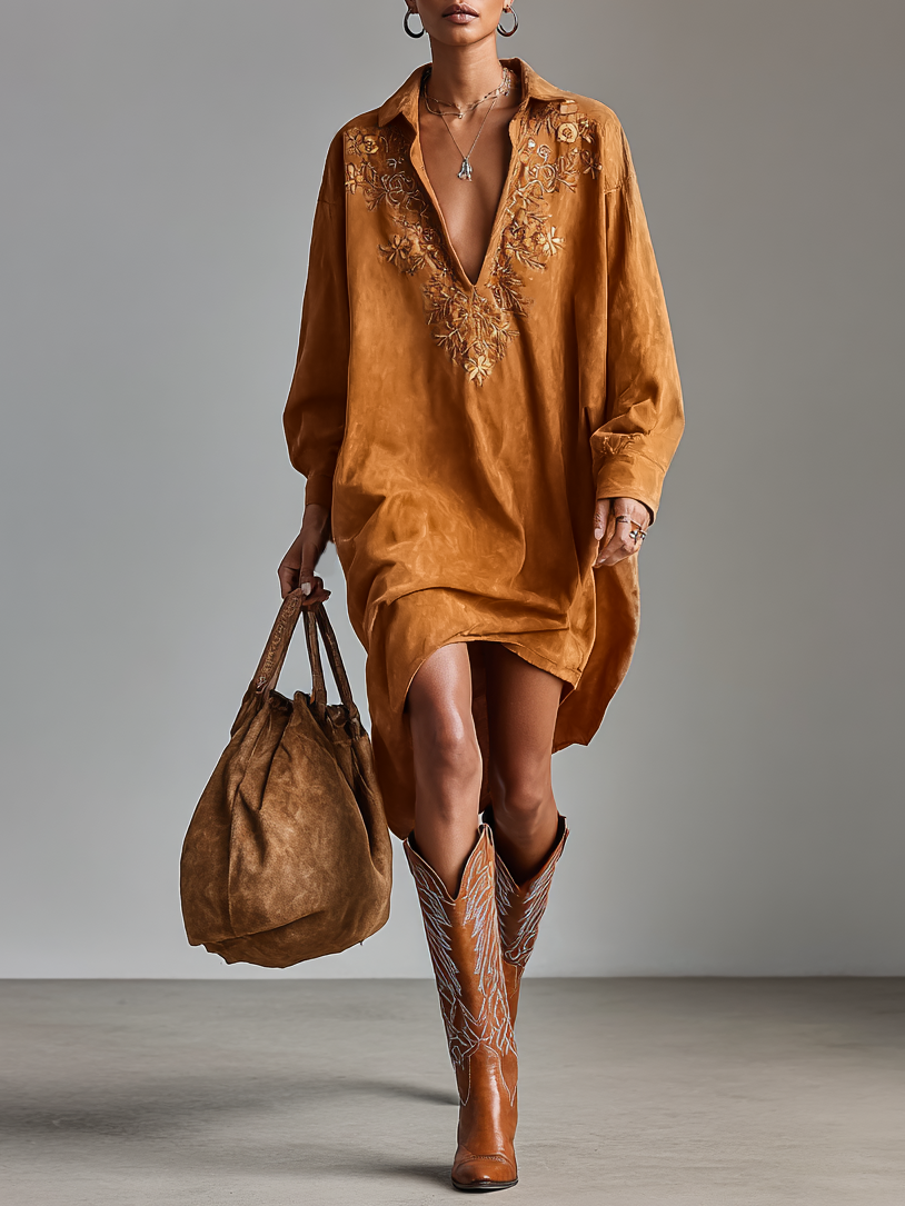 Vestido Midi Ante Solapa Bordado