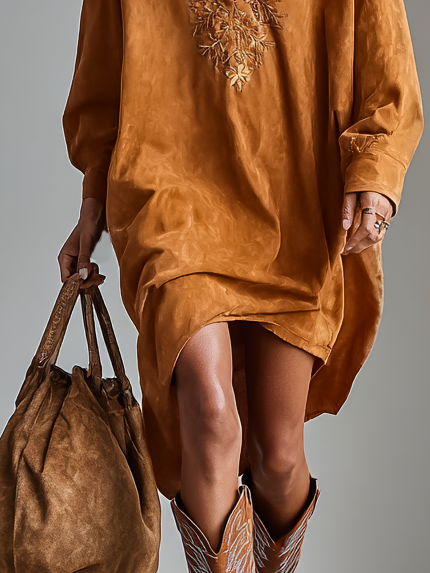 Vestido Midi Ante Solapa Bordado
