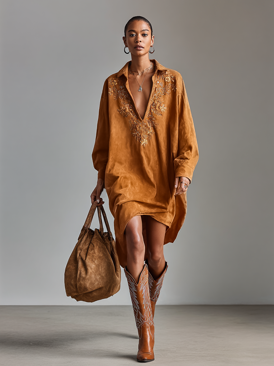 Vestido Midi Ante Solapa Bordado