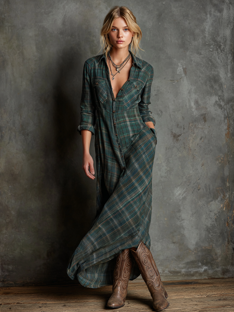 Vestido Maxi Cuadros Solapa Camisa