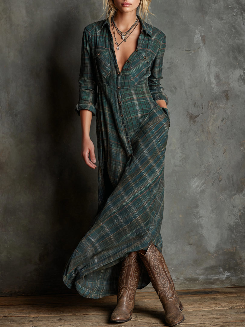 Vestido Maxi Cuadros Solapa Camisa
