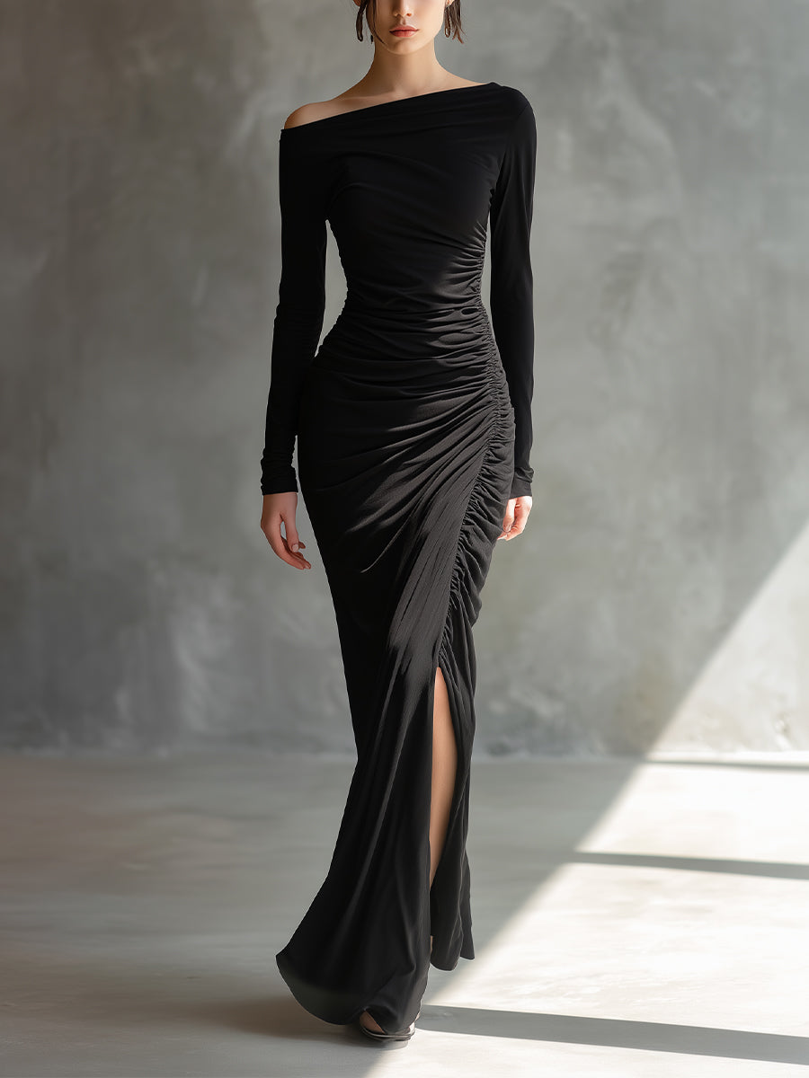 Vestido Maxi Negro Elegante Fruncido