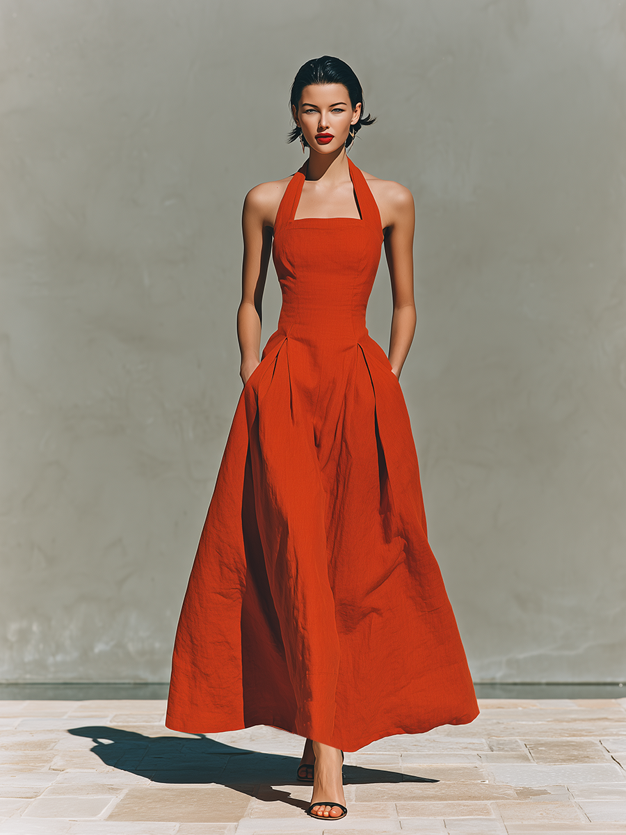 Vestido Maxi Rojo Lino Halter