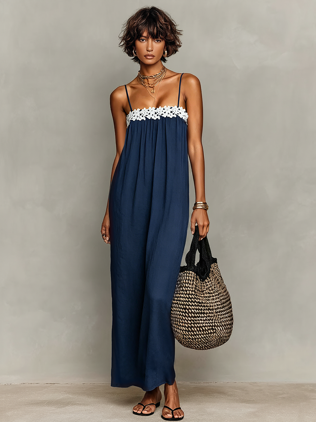 Vestido Maxi Minimalista Lino-Mezcla Encaje-Paneled