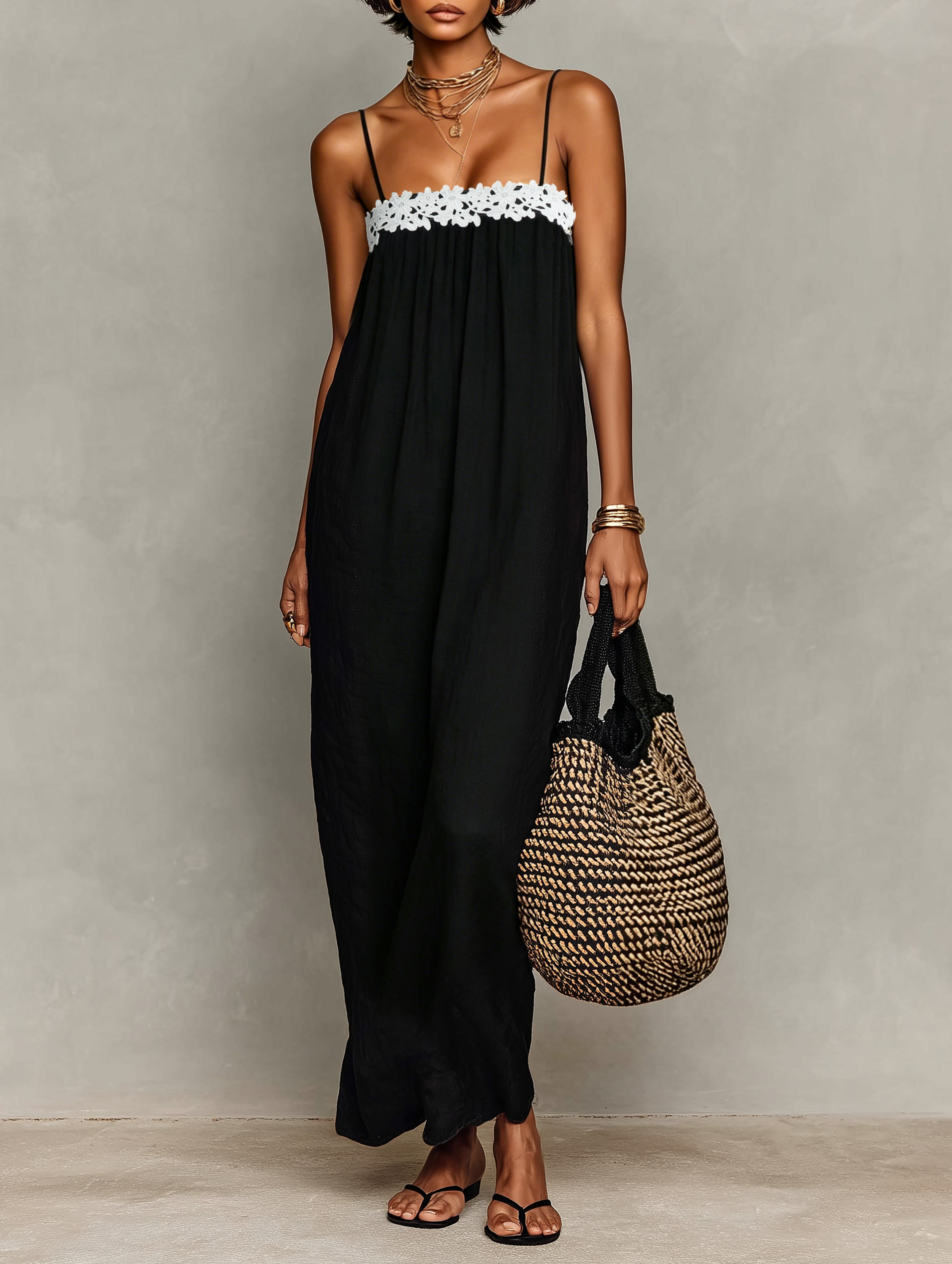 Vestido Maxi Minimalista Lino-Mezcla Encaje-Paneled