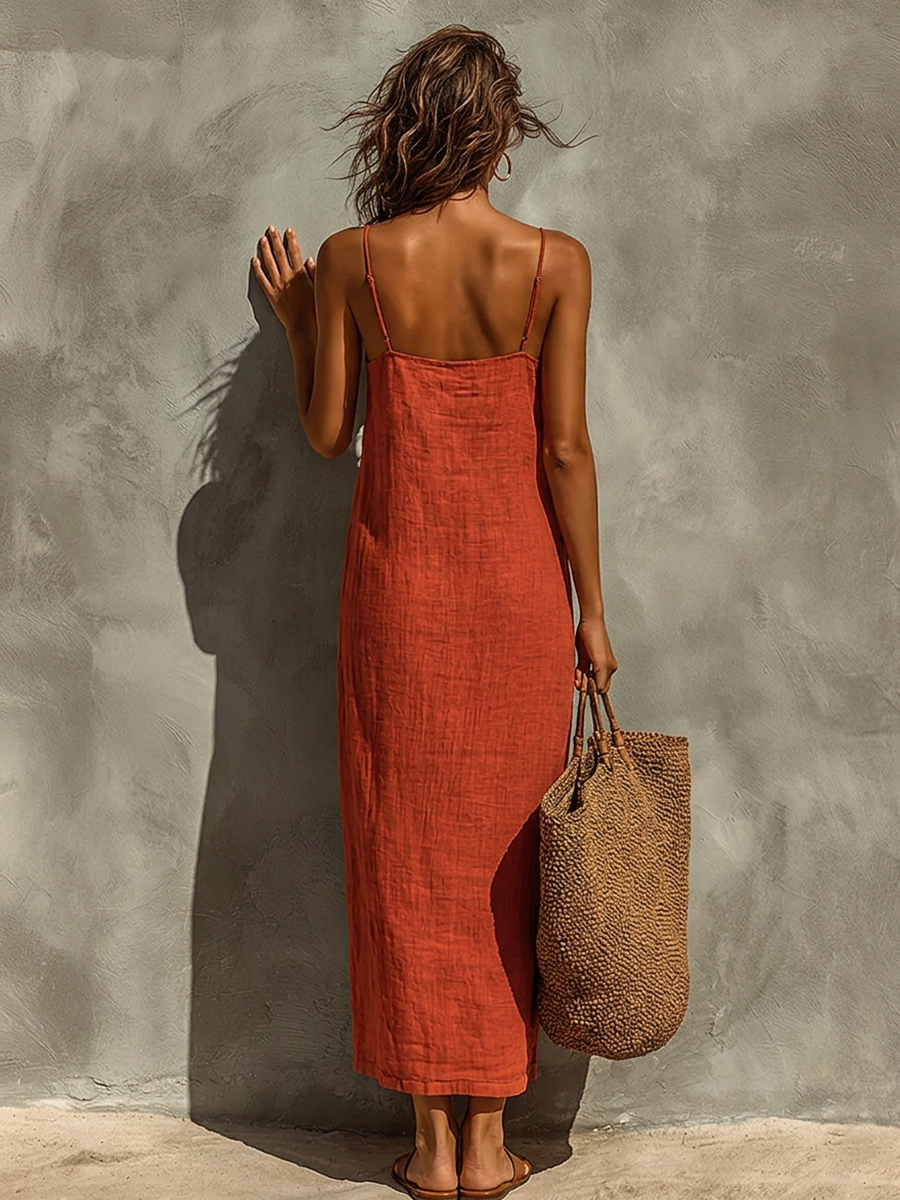 Vestido Rojo Algodón Cuadrado Atemporal