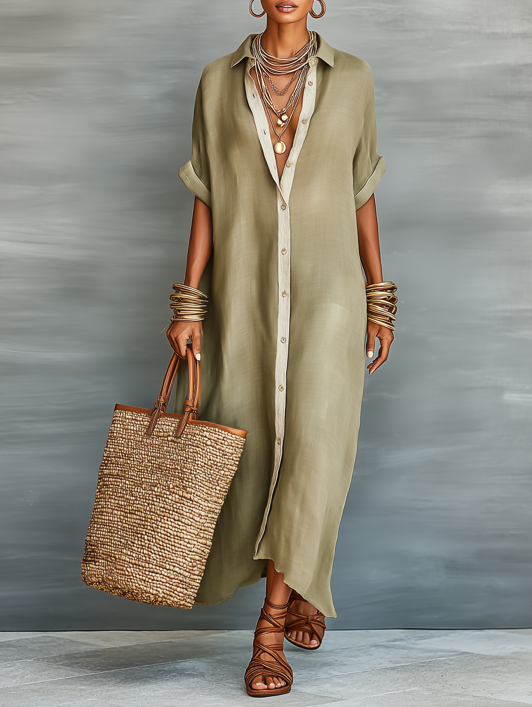 Vestido Maxi Minimalista Lino Camisa