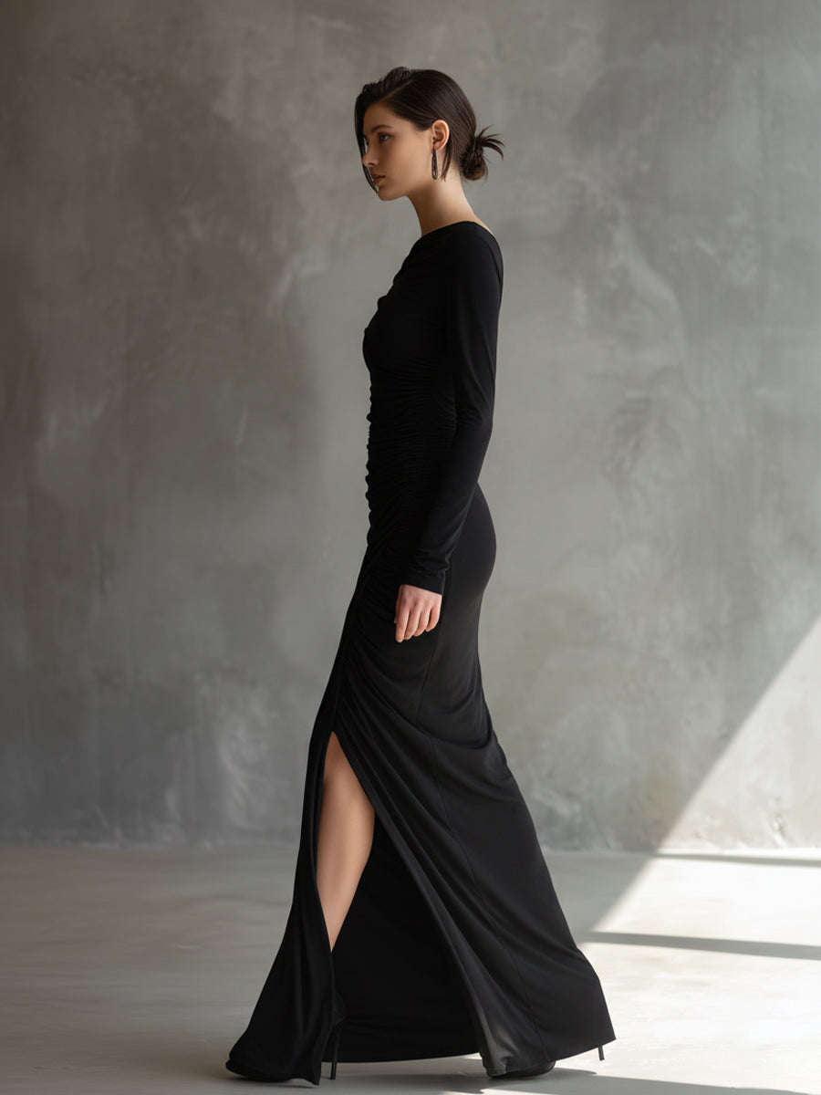 Vestido Maxi Negro Elegante Fruncido