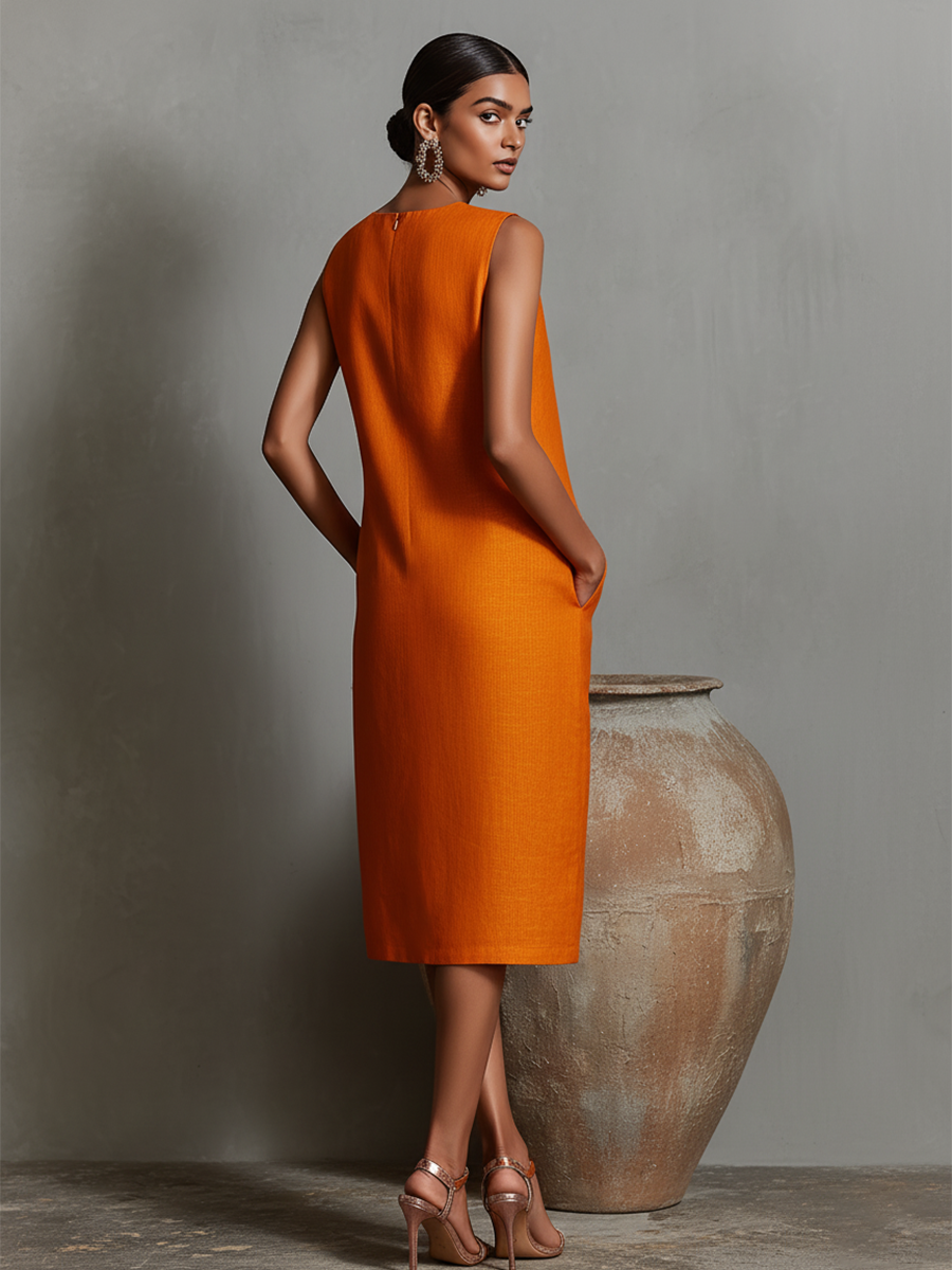 Vestido Naranja Lino Recto Redondo