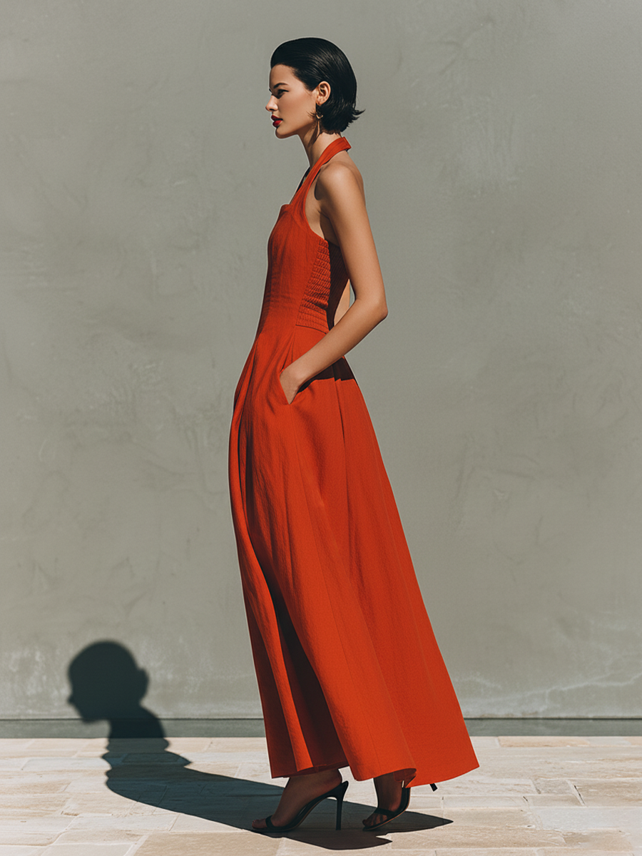 Vestido Maxi Rojo Lino Halter