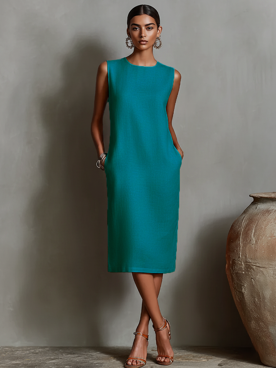 Vestido Naranja Lino Recto Redondo